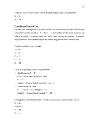 85
Maka tata bahasa bebas konteks setelah disederhanakan adalah sebagai berikut.
S → A
A → aA | є
Penghilangan Produksi Unit
Produksi unit adalah produksi di mana ruas kiri dan kanan aturan produksi hanya berupa
satu simbol variabel, misalkan : A → B, C → D. Keberadaan produksi unit membuat tata
bahasa memiliki kerumitan yang tak perlu atau menambah panjang penurunan.
Penyederhanaan ini dilakukan dengan melakukan penggantian aturan produksi unit.
Contoh tata bahasa bebas konteks :
S → Sb
S → C
C → D
C → ef
D → dd
Langkah-langkahnya adalah sebagai berikut :
1. Kita lihat untuk S → C
C → D lalu D → dd sehingga C → dd
C → ef
Maka S → C dapat diubah menjadi S → dd | ef
2. Kita lihat untuk C → D
C → D lalu D → dd sehingga C → dd
Maka C → D dapat diubah menjadi C → dd
Sehingga tata bahasa bebas konteks setelah penyederhanaan adalah sebagai berikut.
S → Sb
S → dd | ef
C → dd
C → ef
 
