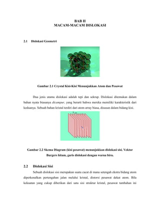 BAB II
MACAM-MACAM DISLOKASI
2.1 Dislokasi Geometri
Gambar 2.1 Crystal Kisi-Kisi Menunjukkan Atom dan Pesawat
Dua jenis utama dislokasi adalah tepi dan sekrup. Dislokasi ditemukan dalam
bahan nyata biasanya dicampur, yang berarti bahwa mereka memiliki karakteristik dari
keduanya. Sebuah bahan kristal terdiri dari atom array biasa, disusun dalam bidang kisi.
Gambar 2.2 Skema Diagram (kisi pesawat) menunjukkan dislokasi sisi. Vektor
Burgers hitam, garis dislokasi dengan warna biru.
2.2 Dislokasi Sisi
Sebuah dislokasi sisi merupakan suatu cacat di mana setengah ekstra bidang atom
diperkenalkan pertengahan jalan melalui kristal, distorsi pesawat dekat atom. Bila
kekuatan yang cukup diberikan dari satu sisi struktur kristal, pesawat tambahan ini
 