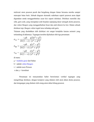 melewati atom pesawat pecah dan bergabung dengan ikatan bersama mereka sampai
mencapai batas butir. Sebuah diagram skematik sederhana seperti pesawat atom dapat
digunakan untuk menggambarkan cacat kisi seperti dislokasi. Dislokasi memiliki dua
sifat, garis arah, yang merupakan arah berjalan sepanjang dasar setengah ekstra pesawat,
dan vektor Burgers yang menggambarkan besar dan arah distorsi ke kisi. Dalam sebuah
dislokasi tepi, Burgers vektor tegak lurus terhadap arah garis.
Tekanan yang disebabkan oleh dislokasi sisi sangat kompleks karena asimetri yang
terkandung di dalamnya. Tegangan tersebut dijelaskan oleh tiga persamaan:
di mana:
μ = modulus geser dari bahan
b = adalah vektor Burgers
ν = adalah rasio Poisson
x dan y = koordinat
Persamaan ini menyarankan halter berorientasi vertikal tegangan yang
mengelilingi dislokasi, dengan kompresi yang dialami oleh atom dekat ekstra pesawat,
dan ketegangan yang dialami oleh orang-atom dekat hilang pesawat.
 