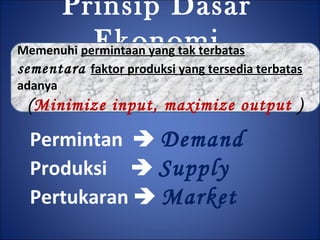 Prinsip Dasar
EkonomiMemenuhi permintaan yang tak terbatas
sementara faktor produksi yang tersedia terbatas
adanya
(Minimize input, maximize output )
Permintan  Demand
Produksi  Supply
Pertukaran  Market
 