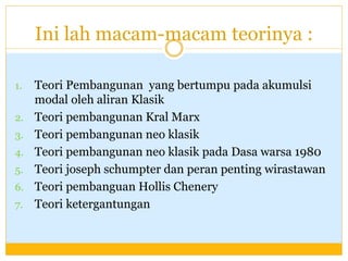 Ini lah macam-macam teorinya :
1. Teori Pembangunan yang bertumpu pada akumulsi
modal oleh aliran Klasik
2. Teori pembangunan Kral Marx
3. Teori pembangunan neo klasik
4. Teori pembangunan neo klasik pada Dasa warsa 1980
5. Teori joseph schumpter dan peran penting wirastawan
6. Teori pembanguan Hollis Chenery
7. Teori ketergantungan
 