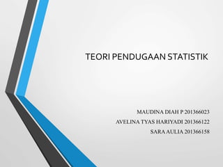 TEORI PENDUGAAN STATISTIK
MAUDINA DIAH P 201366023
AVELINA TYAS HARIYADI 201366122
SARAAULIA 201366158
 