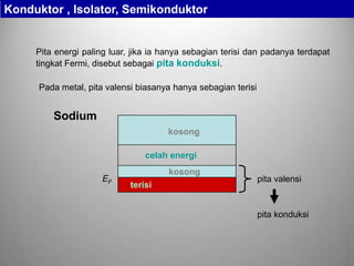 Pada metal, pita valensi biasanya hanya sebagian terisi
Pita energi paling luar, jika ia hanya sebagian terisi dan padanya terdapat
tingkat Fermi, disebut sebagai pita konduksi.
kosong
celah energi
terisi
kosong
pita valensiEF
pita konduksi
Sodium
Konduktor , Isolator, Semikonduktor
 