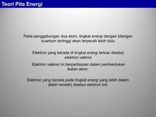 Teori Pita Energi
Pada penggabungan dua atom, tingkat energi dengan bilangan
kuantum tertinggi akan terpecah lebih dulu
Elektron yang berada di tingkat energi terluar disebut
elektron valensi
Elektron valensi ini berpartisipasi dalam pembentukan
ikatan atom.
Elektron yang berada pada tingkat energi yang lebih dalam
(lebih rendah) disebut elektron inti;
 