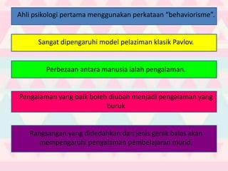 Ahli psikologi pertama menggunakan perkataan “behaviorisme”.
Sangat dipengaruhi model pelaziman klasik Pavlov.
Perbezaan antara manusia ialah pengalaman.
Pengalaman yang baik boleh diubah menjadi pengalaman yang
buruk
Rangsangan yang didedahkan dan jenis gerak balas akan
mempengaruhi pengalaman pembelajaran murid.
 