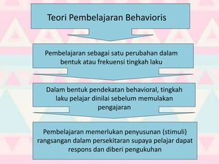 Pembelajaran sebagai satu perubahan dalam
bentuk atau frekuensi tingkah laku
Dalam bentuk pendekatan behavioral, tingkah
laku pelajar dinilai sebelum memulakan
pengajaran
Pembelajaran memerlukan penyusunan (stimuli)
rangsangan dalam persekitaran supaya pelajar dapat
respons dan diberi pengukuhan
Teori Pembelajaran Behavioris
 