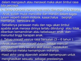 dalam mengasuh atau merawat maka akan timbul rasadalam mengasuh atau merawat maka akan timbul rasa
tida percaya.tida percaya.
b. Tahap otonomi versus rasa malu dan ragu (1-3 tahun)b. Tahap otonomi versus rasa malu dan ragu (1-3 tahun)
- Anak sudah mulai mencoba dan mandiri dalam tugas- Anak sudah mulai mencoba dan mandiri dalam tugas
tukem seperti dalam motorik kasar,halus : berjinjit ,tukem seperti dalam motorik kasar,halus : berjinjit ,
memanjat, berbicara dll.memanjat, berbicara dll.
-Sebaliknya perasaan malu dan ragu akan timbulSebaliknya perasaan malu dan ragu akan timbul
apabila anak merasa dirinya terlalu dilindungi atau tidakapabila anak merasa dirinya terlalu dilindungi atau tidak
diberikan kemamdirian atau kebebasan anak dandiberikan kemamdirian atau kebebasan anak dan
menuntut tinggi harapan anak.menuntut tinggi harapan anak.
c. Tahap inisiatif vesrus rasa bersalah (3 – 6 tahun ).c. Tahap inisiatif vesrus rasa bersalah (3 – 6 tahun ).
- Anak akan mulai inisiatif dalam belajar mencari- Anak akan mulai inisiatif dalam belajar mencari
pengalaman baru secara aktif dalam melakukanpengalaman baru secara aktif dalam melakukan
aktifitasnya melalui kemampuan indranya.aktifitasnya melalui kemampuan indranya.
-Hasil akhir yang diperoleh adalah kemampuan untukHasil akhir yang diperoleh adalah kemampuan untuk
menghasilkan sesuatu sebagai prestasinya.menghasilkan sesuatu sebagai prestasinya.
 
