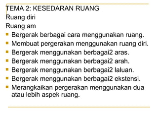 TEMA 2: KESEDARAN RUANG
Ruang diri
Ruang am
 Bergerak berbagai cara menggunakan ruang.

 Membuat pergerakan menggunakan ruang diri.

 Bergerak menggunakan berbagai2 aras.

 Bergerak menggunakan berbagai2 arah.

 Bergerak menggunakan berbagai2 laluan.

 Bergerak menggunakan berbagai2 ekstensi.

 Merangkaikan pergerakan menggunakan dua
  atau lebih aspek ruang.
 