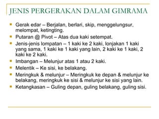 JENIS PERGERAKAN DALAM GIMRAMA
   Gerak edar – Berjalan, berlari, skip, menggelungsur,
    melompat, ketingting.
   Putaran @ Pivot – Atas dua kaki setempat.
   Jenis-jenis lompatan – 1 kaki ke 2 kaki, lonjakan 1 kaki
    yang sama, 1 kaki ke 1 kaki yang lain, 2 kaki ke 1 kaki, 2
    kaki ke 2 kaki.
   Imbangan – Melunjur atas 1 atau 2 kaki.
   Melentik – Ke sisi, ke belakang.
   Meringkuk & melunjur – Meringkuk ke depan & melunjur ke
    belakang, meringkuk ke sisi & melunjur ke sisi yang lain.
   Ketangkasan – Guling depan, guling belakang, guling sisi.
 
