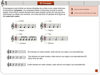 El Compás El pentagrama esta dividido por barras dibujadas de un lado a otro, estas divisiones se denominan  compases . Los compases dividen a toda pieza musical en partes iguales. Para indicar cuantos tiempos tiene cada compás y el tipo de nota que dura cada tiempo se utilizan dos números, uno arriba del otros. El ejemplo de la figura se lee  cuatro por cuatro   Dos tiempos en cada compás, cada nota es una negra o sus equivalencias  Tres tiempos en cada compás, cada nota es una negra o sus equivalencias (El típico ritmo de vals)  Cuatro tiempos en cada compás, cada nota es una negra o sus equivalencias  