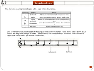 Las Alteraciones Una alteración es un signo usado para subir o bajar el tono de una nota.  En la escritura musical una alteración afecta cualquier nota del mismo nombre y en la misma octava dentro de un compás. En el siguiente ejemplo el  último LA  es sostenido aún cuando no tenga el símbolo, si se quisiera que fuese un LA natural habría que añadirle un becuadro.  