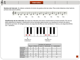 Intervalos Nombre del intervalo . Se obtiene contando el número de grados entre las notas. Para contar debemos incluir tanto la primera nota como la última.  Clasificación de los intervalos . No todos los intervalos del mismo nombre tienen el mismo tamaño. Por eso se debe especificar la especie o clasificación de los intervalos determinando con exactitud el número de todos y semitonos que tiene. En la figura vemos una segunda (Do-Re) con dos semitonos (1 tono) y una segunda (Si-Do) con 1 semitono.  