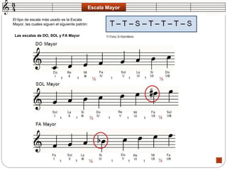 Escala Mayor El tipo de escala más usado es la Escala Mayor, las cuales siguen el siguiente patrón:  Las escalas de DO, SOL y FA Mayor   