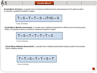 Escala Menor Escala Menor Armónica . La escala menor armónica se diferencia de la natural porque el 7mo grado se eleva un semitono, quedando el padrón a seguir: Escala Menor Melódica Ascendente . La escala menor melódica ascendente se diferencia de la natural porque el 6to y 7mo grado se eleva un semitono, quedando el padrón a seguir:  Escala Menor Melódica Descendente . La escala menor melódica descendente adopta el patrón de la escala menor melódica natural:  