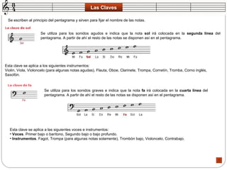 Las Claves Se escriben al principio del pentagrama y sirven para fijar el nombre de las notas.  Se utiliza para los sonidos agudos e indica que la nota  sol  irá colocada en la  segunda línea  del pentagrama. A partir de ahí el resto de las notas se disponen así en el pentagrama.  Esta clave se aplica a los siguientes instrumentos:  Violín, Viola, Violoncelo (para algunas notas agudas), Flauta, Oboe, Clarinete, Trompa, Cornetín, Tromba, Corno inglés, Saxofón.  Se utiliza para los sonidos graves e indica que la nota  fa  irá colocada en la  cuarta línea  del pentagrama. A partir de ahí el resto de las notas se disponen así en el pentagrama.  Esta clave se aplica a las siguientes voces e instrumentos:  Voces . Primer bajo o barítono, Segundo bajo o bajo profundo.  Instrumentos . Fagot, Trompa (para algunas notas solamente), Trombón bajo, Violoncelo, Contrabajo.  