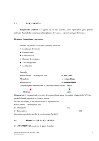 5.5                 LANÇAMENTOS


          Lançamento Contábil é o registro de um fato contábil, sendo representado pelas partidas
dobradas. A partida devedora representa a aplicação de recursos e a credora a origem de recursos.


Elementos Essenciais do Lançamento


          Em todo lançamento existe cinco elementos essenciais:
          • Local e data do registro;
          • Conta debitada;
          • Conta creditada
          • Histórico da operação; e
          • Valor da operação
          • Local e data;


          Exemplo:
          Rio de Janeiro, 12 de março de 2003                     → local e data
          Mercadorias                                             → conta debitada
          a Fornecedores                                          → conta creditada
          Compras a prazo do fornecedor X, conforme Nota Fiscal 047     400,00


               Histórico                                                 valor
Observações: A conta debitada vem antes da conta creditada, a qual é precedida pela partícula “a”. Esta
partícula é usada apenas na escrituração manual.
Se fosse mecanizada, o lançamento ficaria da seguinte forma:
Rio de Janeiro, 12 de março de 2003
D – Mercadorias                                                          400
C – Fornecedores                                                                        400
Compras a prazo do fornecedor X, conforme nota fiscal 047.


5.6                 FÓRMULAS DE LANÇAMENTOS

Os LANÇAMENTOS podem ser de quatro fórmulas:


Introdução à Contabilidade – GST 449 -–2006.1                                                             32
Denílson Nogueira
 