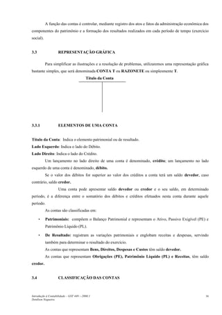 A função das contas é controlar, mediante registro dos atos e fatos da administração econômica dos
componentes do patrimônio e a formação dos resultados realizados em cada período de tempo (exercício
social).


3.3                 REPRESENTAÇÃO GRÁFICA

           Para simplificar as ilustrações e a resolução de problemas, utilizaremos uma representação gráfica
bastante simples, que será denominada CONTA T ou RAZONETE ou simplesmente T.
                                         Título da Conta




3.3.1               ELEMENTOS DE UMA CONTA


Título da Conta: Indica o elemento patrimonial ou de resultado.
Lado Esquerdo: Indica o lado do Débito.
Lado Direito: Indica o lado do Crédito.
           Um lançamento no lado direito de uma conta é denominado, crédito; um lançamento no lado
esquerdo de uma conta é denominado, débito.
           Se o valor dos débitos for superior ao valor dos créditos a conta terá um saldo devedor, caso
contrário, saldo credor.
                    Uma conta pode apresentar saldo devedor ou credor e o seu saldo, em determinado
período, é a diferença entre o somatório dos débitos e créditos efetuados nesta conta durante aquele
período.
           As contas são classificadas em:

      •    Patrimoniais: compõem o Balanço Patrimonial e representam o Ativo, Passivo Exigível (PE) e
           Patrimônio Líquido (PL).

      •    De Resultado: registram as variações patrimoniais e englobam receitas e despesas, servindo
           também para determinar o resultado do exercício.
           As contas que representam Bens, Direitos, Despesas e Custos têm saldo devedor.
           As contas que representam Obrigações (PE), Patrimônio Líquido (PL) e Receitas, têm saldo
credor.


3.4                 CLASSIFICAÇÃO DAS CONTAS



Introdução à Contabilidade – GST 449 -–2006.1                                                              16
Denílson Nogueira
 
