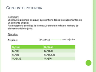 CONJUNTO POTENCIA
Definición:
El conjunto potencia es aquel que contiene todos los subconjuntos de
un conjunto original.
Para obtenerlo se utiliza la formula 2n donde n indica el número de
elementos del conjunto.
Ejemplos:
A={a,b,c}

2n = 23 =8

SO={a}

S4={a,c}

S1={b}

S5={b,c}

S2={c}

S6={a,b,c}

S3={a,b}

S7={Ø}

subconjuntos

 