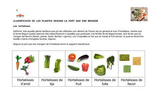 CLASSIFICACIÓ DE LES PLANTES SEGONS LA PART QUE ENS MENGEM

Les hortalisses

Definició: tota aquella planta herbàcia que pot ser utilitzada com aliment de l’home rep en general el nom d’hortalissa, mentre que
el terme llegum queda reservat més específicament a aquelles que pertanyen a la família de les lleguminoses, tant de les que es
mengen les llavors (fesols, pèsols, faves, llenties i cigrons), com d’aquelles en les que es menja el fruit sencer, el qual es denomina
tavella o beina (mongetes tendres, bajoca).

Segons la part que ens mengem de l’hortalissa tenim la següent classificació.




    Hortalisses              Hortalisses de             Hortalisses de              Hortalisses de             Hortalisses de
      d’arrel                     tija                       fruit                       fulla                     llavor
 
 
 
 
 