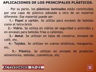 Por su parte, los  plásticos laminados  están constituidos por una capa de plástico adosada a otra de un material diferente. Ese material puede ser: 1.- Papel o cartón . Se utiliza para envases de bebidas como el tetra-brick 2.- Vidrio . Se utiliza en vidrios de seguridad o antirrobo y en envases para bebidas frías o calientes. 3.- Metal . Se utilizan en latas de conserva, envases de café, etc. 4.- Tejidos . Se utilizan en cueros sintéticos, mangueras, etc. 5.- Plástico . Se utilizan en envases de productos alimenticios, bebidas, cosméticos, etc. APLICACIONES DE LOS PRINCIPALES PLÁSTICOS. ACTIVIDADES  17-21 