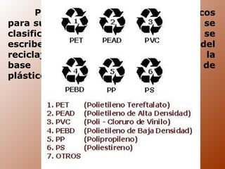 Para identificar mejor los plásticos para su reciclaje, los envases plásticos se clasifican a través del número que se escribe en el interior del símbolo del reciclaje. Generalmente se dibuja en la base de los envases. Los tipos de plásticos más comunes son: 
