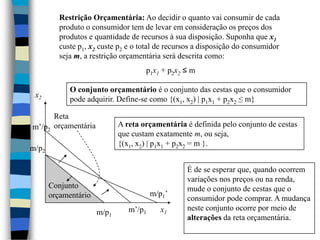 x2Reta orçamentáriam’/p2m/p2Conjunto orçamentáriom/p1’x1m’/p1m/p1Restrição Orçamentária: Ao decidir o quanto vai consumir de cada produto o consumidor tem de levar em consideração os preços dos produtos e quantidade de recursos à sua disposição. Suponha que x1 custe p1, x2 custe p2 e o total de recursos a disposição do consumidor seja m, a restrição orçamentária será descrita como:p1x1 + p2x2≤mO conjunto orçamentário é o conjunto das cestas que o consumidor pode adquirir. Define-se como {(x1, x2) | p1x1 + p2x2≤ m}A reta orçamentária é definida pelo conjunto de cestas que custam exatamente m, ou seja, {(x1, x2) | p1x1 + p2x2= m }.É de se esperar que, quando ocorrem variações nos preços ou na renda, mude o conjunto de cestas que o consumidor pode comprar. A mudança neste conjunto ocorre por meio de alterações da reta orçamentária.