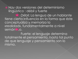 Hay dos versiones del determinismo lingüístico : débil y fuerteDébil: La lengua de un hablante tiene cierta influencia en la forma que éste conceptualiza y memoriza la «realidad», fundamentalmente a nivel semántico.                   Fuerte: el lenguaje determina totalmente el pensamiento, hasta tal punto de que lenguaje y pensamiento son lo mismo. 