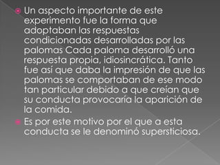 Un aspecto importante de este experimento fue la forma que adoptaban las respuestas condicionadas desarrolladas por las palomas Cada paloma desarrolló una respuesta propia, idiosincrática. Tanto fue así que daba la impresión de que las palomas se comportaban de ese modo tan particular debido a que creían que su conducta provocaría la aparición de la comida.Es por este motivo por el que a esta conducta se le denominó supersticiosa.