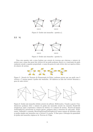 Figura 3: Grafos não isomorfos - questão a).
2.2 b)
Figura 4: Grafos não isomorfos - questão b).
Para esta questão vale a pena lembrar que através do teorema que relaciona o número de
arestas com a soma dos graus dos vértices de um grafo podemos checar se a construção do grafo
realmente atende a seguinte propriedade: a soma dos graus de cada vértice deve ser igual ao dobro
do número de arestas.
Figura 5: Através do Teorema de Enumeração de Polya, podemos provar que um grafo com 5
vértices e 7 arestas possui 4 grafos não isomorfos. Os números ao lado dos vértices denotam o
grau de cada vértice.
Figura 6: Grafos não isomorfos obtidos através do software Mathematica. Usando o pacote Com-
binatorica‘ podemos obter o número de grafos não isomorfos através do comando NumberOf-
Graphs[n,k], onde n representa o número de vértices e k o número de arestas. Através da função
ListGraphs[n,k], pertencente ao mesmo pacote, podemos obter a estrutura de cada grafo. Final-
mente, utilizando o comando ShowGraphArray[ListGraphs[n,k]] somos capazes de desenhar todos
os grafos simples não isomorfos com n vértices e k arestas. A base para a obtenção da quantidade
de grafos não isomorfos origina-se do Teorema de Polya.
3
 