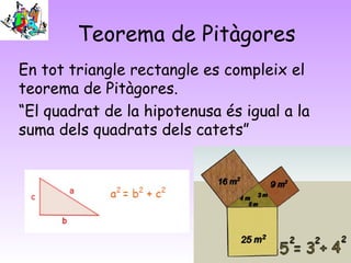 Teorema de Pitàgores
En tot triangle rectangle es compleix el
teorema de Pitàgores.
“El quadrat de la hipotenusa és igual a la
suma dels quadrats dels catets”
 