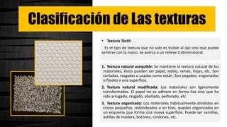 Clasificación de Las texturas
• Textura Táctil:
Es el tipo de textura que no solo es visible al ojo sino que puede
sentirse con la mano. Se acerca a un relieve tridimensional.
1. Textura natural asequible: Se mantiene la textura natural de los
materiales, éstos pueden ser papel, tejido, ramas, hojas, etc. Son
cortadas, rasgadas o usadas como están. Son pegados, engomados
o fijados a una superficie.
2. Textura natural modificada: Los materiales son ligeramente
transformados. El papel no se adhiere en forma lisa sino que ha
sido arrugado, rasgado, abollado, perforado, etc.
3. Textura organizada: Los materiales habitualmente divididos en
trozos pequeños, redondeados o en tiras, quedan organizados en
un esquema que forma una nueva superficie. Puede ser semillas,
astillas de madera, botones, cordones, etc.
 