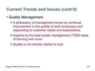 Current Trends and Issues (cont’d) Quality Management A philosophy of management driven by continual improvement in the quality of work processes and responding to customer needs and expectations Inspired by the total quality management (TQM) ideas of Deming and Juran Quality is not directly related to cost 