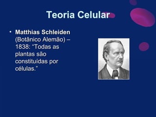 Matthias Schleiden  (Botânico Alemão) – 1838: “Todas as plantas são constituídas por células.” 