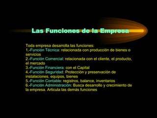 Las Funciones de la Empresa Toda empresa desarrolla las funciones: 1.- Función Técnica : relacionada con producción de bie...