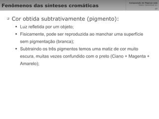 Fenômenos das sínteses cromáticas Cor obtida subtrativamente (pigmento): Luz refletida por um objeto; Fisicamente, pode ser reproduzida ao manchar uma superfície sem pigmentação (branca); Subtraindo os três pigmentos temos uma matiz de cor muito escura, muitas vezes confundido com o preto (Ciano + Magenta + Amarelo); 