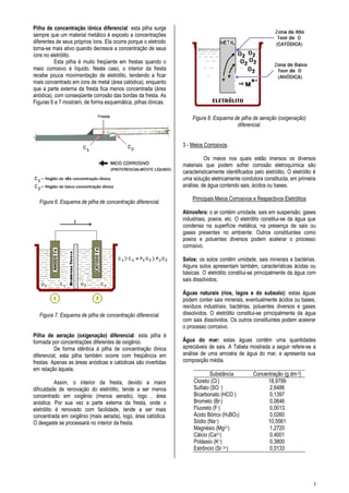 3
Pilha de concentração iônica diferencial: esta pilha surge
sempre que um material metálico é exposto a concentrações
diferentes de seus próprios íons. Ela ocorre porque o eletrodo
torna-se mais ativo quando decresce a concentração de seus
íons no eletrólito.
Esta pilha é muito freqüente em frestas quando o
meio corrosivo é líquido. Neste caso, o interior da fresta
recebe pouca movimentação de eletrólito, tendendo a ficar
mais concentrado em íons de metal (área catódica), enquanto
que a parte externa da fresta fica menos concentrada (área
anódica), com conseqüente corrosão das bordas da fresta. As
Figuras 6 e 7 mostram, de forma esquemática, pilhas iônicas.
Figura 6. Esquema de pilha de concentração diferencial.
Figura 7. Esquema de pilha de concentração diferencial.
Pilha de aeração (oxigenação) diferencial: esta pilha é
formada por concentrações diferentes de oxigênio.
De forma idêntica à pilha de concentração iônica
diferencial, esta pilha também ocorre com freqüência em
frestas. Apenas as áreas anódicas e catódicas são invertidas
em relação àquela.
Assim, o interior da fresta, devido a maior
dificuldade de renovação do eletrólito, tende a ser menos
concentrado em oxigênio (menos aerado), logo , área
anódica. Por sua vez a parte externa da fresta, onde o
eletrólito é renovado com facilidade, tende a ser mais
concentrada em oxigênio (mais aerada), logo, área catódica.
O desgaste se processará no interior da fresta.
Figura 8. Esquema de pilha de aeração (oxigenação)
diferencial.
3 - Meios Corrosivos.
Os meios nos quais estão imersos os diversos
materiais que podem sofrer corrosão eletroquímica são
caracteristicamente identificados pelo eletrólito. O eletrólito é
uma solução eletricamente condutora constituída, em primeira
análise, de água contendo sais, ácidos ou bases.
Principais Meios Corrosivos e Respectivos Eletrólitos
Atmosfera: o ar contém umidade, sais em suspensão, gases
industriais, poeira, etc. O eletrólito constitui-se da água que
condensa na superfície metálica, na presença de sais ou
gases presentes no ambiente. Outros constituintes como
poeira e poluentes diversos podem acelerar o processo
corrosivo.
Solos: os solos contêm umidade, sais minerais e bactérias.
Alguns solos apresentam também, características ácidas ou
básicas. O eletrólito constitui-se principalmente da água com
sais dissolvidos;
Águas naturais (rios, lagos e do subsolo): estas águas
podem conter sais minerais, eventualmente ácidos ou bases,
resíduos industriais, bactérias, poluentes diversos e gases
dissolvidos. O eletrólito constitui-se principalmente da água
com sais dissolvidos. Os outros constituintes podem acelerar
o processo corrosivo.
Água do mar: estas águas contêm uma quantidades
apreciáveis de sais. A Tabela mostrada a seguir refere-se a
análise de uma amostra de água do mar, e apresenta sua
composição média.
Substância Concentração (g.dm-3)
Cloreto (Cl-) 18,9799
Sulfato (SO -) 2,6486
Bicarbonato (HCO ) 0,1397
Brometo (Br-) 0,0646
Fluoreto (F-) 0,0013
Ácido Bórico (H3BO3) 0,0260
Sódio (Na+) 10,5561
Magnésio (Mg2+) 1,2720
Cálcio (Ca2+) 0,4001
Potássio (K+) 0,3800
Estrôncio (Sr 2+) 0,0133
 