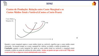 36
Custos de Produção: Relação entre Custo Marginal e os
Custos Médios Total e Variável (Custos a Curto Prazo)
q
Quando o custo marginal supera o custo médio (total ou variável), significa que o custo médio estará
crescendo. Ao mesmo tempo, se o custo marginal for inferior ao médio, o médio só poderá cair.
Conclusão: quando o custo marginal for igual ao custo médio (total ou variável), o marginal estará
cortando o médio no ponto de mínimo do custo médio. Assim, no ponto em que a curva de CMg corta
a curva de Cme a empresa estará minimizando seus custos.
 