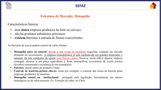 56
Estrutura de Mercado: Monopólio
Características básicas:
• uma única empresa produtora do bem ou serviço;
• não há produtos substitutos próximos;
• existem barreiras à entrada de firmas concorrentes.
As barreiras de acesso podem ocorrer de várias formas:
• Monopólio puro ou natural: devido à alta escala de produção requerida, exigindo um elevado
montante de investimento. A empresa monopolística já está estabelecida em grandes dimensões e
somente ela tem condições de operar com baixos custos. Torna-se muito difícil alguma empresa
conseguir oferecer a um preço equivalente à firma monopolista; (economias de escala (custos
elevados) sustentando a existência de um monopólio)
• Patentes: direito único de produzir o bem;
• Controle de matérias-primas chaves: como por exemplo, o controle das minas de bauxita pelas
empresas produtoras de alumínio;
• Monopólio estatal ou institucional: protegido pela legislação, normalmente em setores
estratégicos ou de infra-estrutura. Ex. Extração de cobre, no Chile.
 