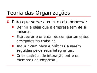 Teoria das Organizações Para que serve a cultura da empresa: Definir a idéia que a empresa tem de si mesma. Estruturar e orientar os comportamentos desejados no trabalho. Induzir caminhos e práticas a serem seguidas pelos seus integrantes. Criar padrões de interação entre os membros da empresa. 