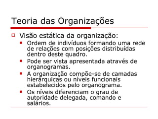Teoria das Organizações Visão estática da organização: Ordem de indivíduos formando uma rede de relações com posições distribuídas dentro deste quadro.  Pode ser vista apresentada através de organogramas. A organização compõe-se de camadas hierárquicas ou níveis funcionais estabelecidos pelo organograma. Os níveis diferenciam o grau de autoridade delegada, comando e salários. 