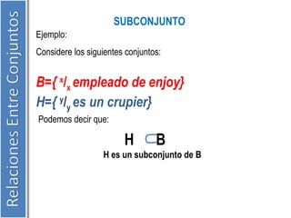 Ejemplo: 
SUBCONJUNTO 
Considere los siguientes conjuntos: 
B={ x/x empleado de enjoy} 
H={ y/y es un crupier} 
Podemos decir que: 
H B 
H es un subconjunto de B 
 