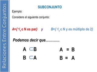 Ejemplo: 
SUBCONJUNTO 
Considere el siguiente conjunto: 
A={ x/x є N es par} y B={ y/y є N y es múltiplo de 2} 
Podemos decir que………… 
A B 
B A 
A = B 
B = A 
 