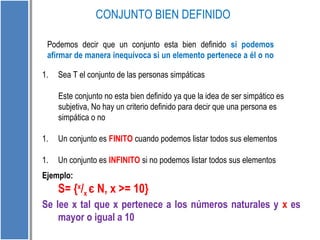 CONJUNTO BIEN DEFINIDO 
Podemos decir que un conjunto esta bien definido si podemos 
afirmar de manera inequívoca si un elemento pertenece a él o no 
1. Sea T el conjunto de las personas simpáticas 
Este conjunto no esta bien definido ya que la idea de ser simpático es 
subjetiva, No hay un criterio definido para decir que una persona es 
simpática o no 
1. Un conjunto es FINITO cuando podemos listar todos sus elementos 
1. Un conjunto es INFINITO si no podemos listar todos sus elementos 
Ejemplo: 
S= {x/x є N, x >= 10} 
Se lee x tal que x pertenece a los números naturales y x es 
mayor o igual a 10 
 