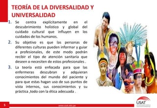 www.usat.edu.pe
1. Se centra explícitamente en el
descubrimiento holístico y global del
cuidado cultural que influyen en los
cuidados de los humanos.
2. Su objetivo es que las personas de
diferentes culturas pueden informar y guiar
a profesionales, de este modo podrán
recibir el tipo de atención sanitaria que
deseen o necesiten de estos profesionales .
3. La teoría está enfocada para que las
enfermeras descubran y adquieran
conocimientos del mundo del paciente y
para que estas hagan uso de sus puntos de
vista internos, sus conocimientos y su
práctica ,todo con la ética adecuada .
5
TEORÍA DE LA DIVERSALIDAD Y
UNIVERSALIDAD
 