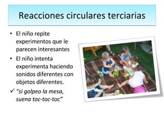 Reacciones circulares terciarias El niño repite experimentos que le parecen interesantes El niño intenta experimenta haciendo sonidos diferentes con objetos diferentes. “ si golpeo la mesa, suena toc-toc-toc” 