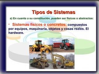 Tipos de Sistemas   a) En cuanto a su constitución, pueden ser físicos o abstractos:   Sistemas físicos o concretos:  compuestos por equipos, maquinaria, objetos y cosas reales. El hardware. 
