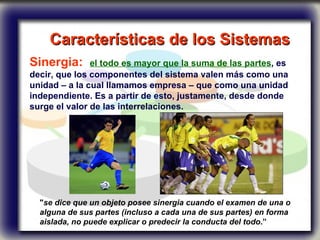 Características de los Sistemas   Sinergia:  el todo es mayor que la suma de las partes , es decir, que los componentes del sistema valen más como una unidad – a la cual llamamos empresa – que como una unidad independiente. Es a partir de esto, justamente, desde donde surge el valor de las interrelaciones.   " se dice que un objeto posee sinergia cuando el examen de una o alguna de sus partes (incluso a cada una de sus partes) en forma aislada, no puede explicar o predecir la conducta del todo .”  