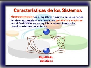 Características de los Sistemas   Homeostasia:  es el  equilibrio dinámico entre las partes  del sistema. Los sistemas tienen una  tendencia a adaptarse  con el fin de alcanzar un equilibrio interno frente a los cambios externos del entorno. Equilibrio estático Equilibrio dinámico 