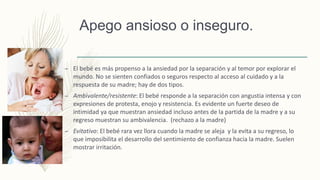 Apego ansioso o inseguro.
– El bebé es más propenso a la ansiedad por la separación y al temor por explorar el
mundo. No se sienten confiados o seguros respecto al acceso al cuidado y a la
respuesta de su madre; hay de dos tipos.
– Ambivalente/resistente: El bebé responde a la separación con angustia intensa y con
expresiones de protesta, enojo y resistencia. Es evidente un fuerte deseo de
intimidad ya que muestran ansiedad incluso antes de la partida de la madre y a su
regreso muestran su ambivalencia. (rechazo a la madre)
– Evitativo: El bebé rara vez llora cuando la madre se aleja y la evita a su regreso, lo
que imposibilita el desarrollo del sentimiento de confianza hacia la madre. Suelen
mostrar irritación.
 