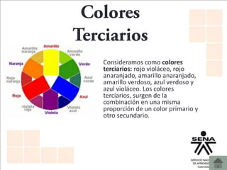 Consideramos como colores
terciarios: rojo violáceo, rojo
anaranjado, amarillo anaranjado,
amarillo verdoso, azul verdoso y
azul violáceo. Los colores
terciarios, surgen de la
combinación en una misma
proporción de un color primario y
otro secundario.
 